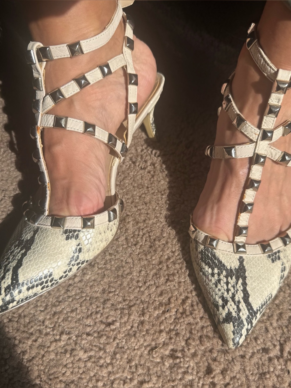 BCBGeneration Cream Snake-Print Studded T-Strap Heels